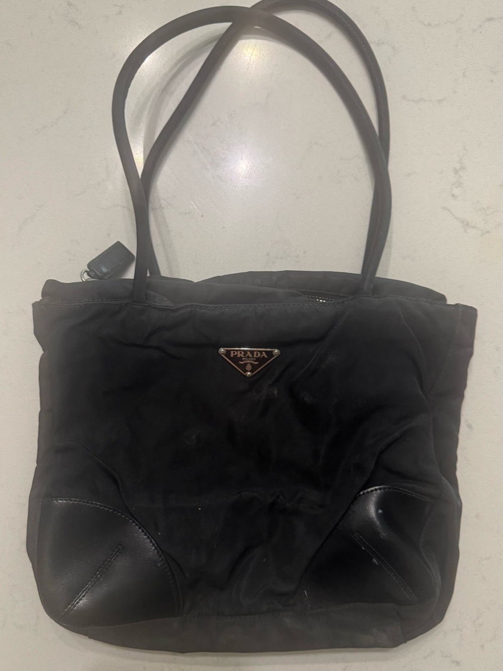 Authentic Prada Tessuto Black Nylon Leather Trim Shoulder Tote Bag